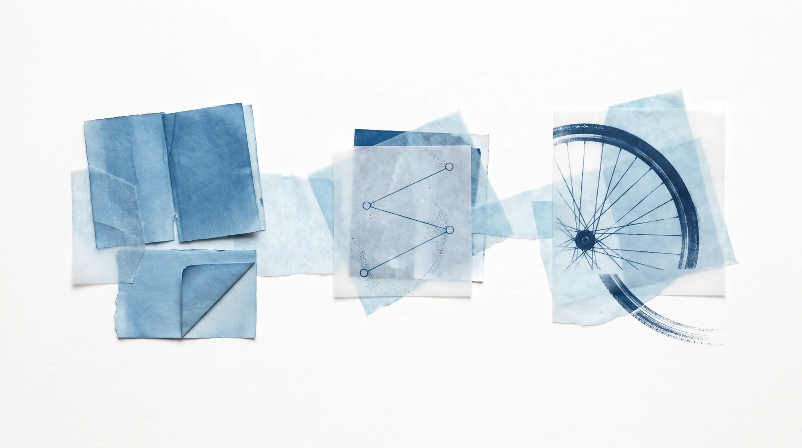 Three blue object collages: book pages, a route line on tracing paper, and a bicycle-wheel imprint. Reading, justification and skill are different sides of talking about knowledge.
