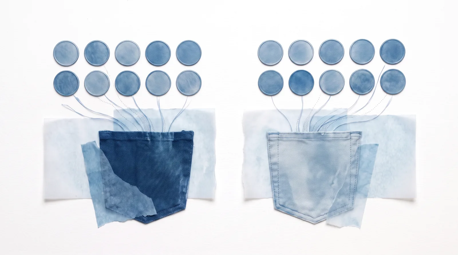 Two different pockets, above each exactly ten coins in two rows of five. An object collage for the accidentally-true-conclusion example.