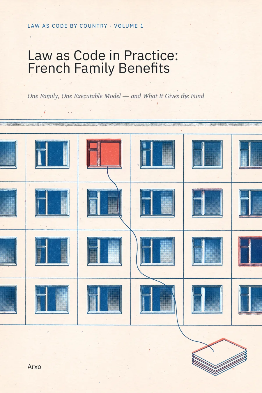Risograph cover art in French blue and red on off-white paper: the facade of an apartment building with one window lit in red; a thin blue line runs down from it to a small stack of blank sheets.