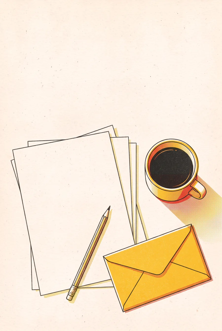 Full-page risograph illustration: blank sheets, a pencil, a cup of coffee and a golden envelope seen from above.