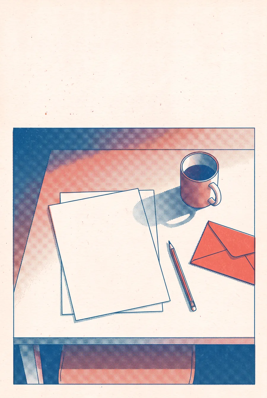 Full-page risograph illustration in French blue and red: a kitchen table seen from above with blank sheets, a pencil, a mug and a red envelope.