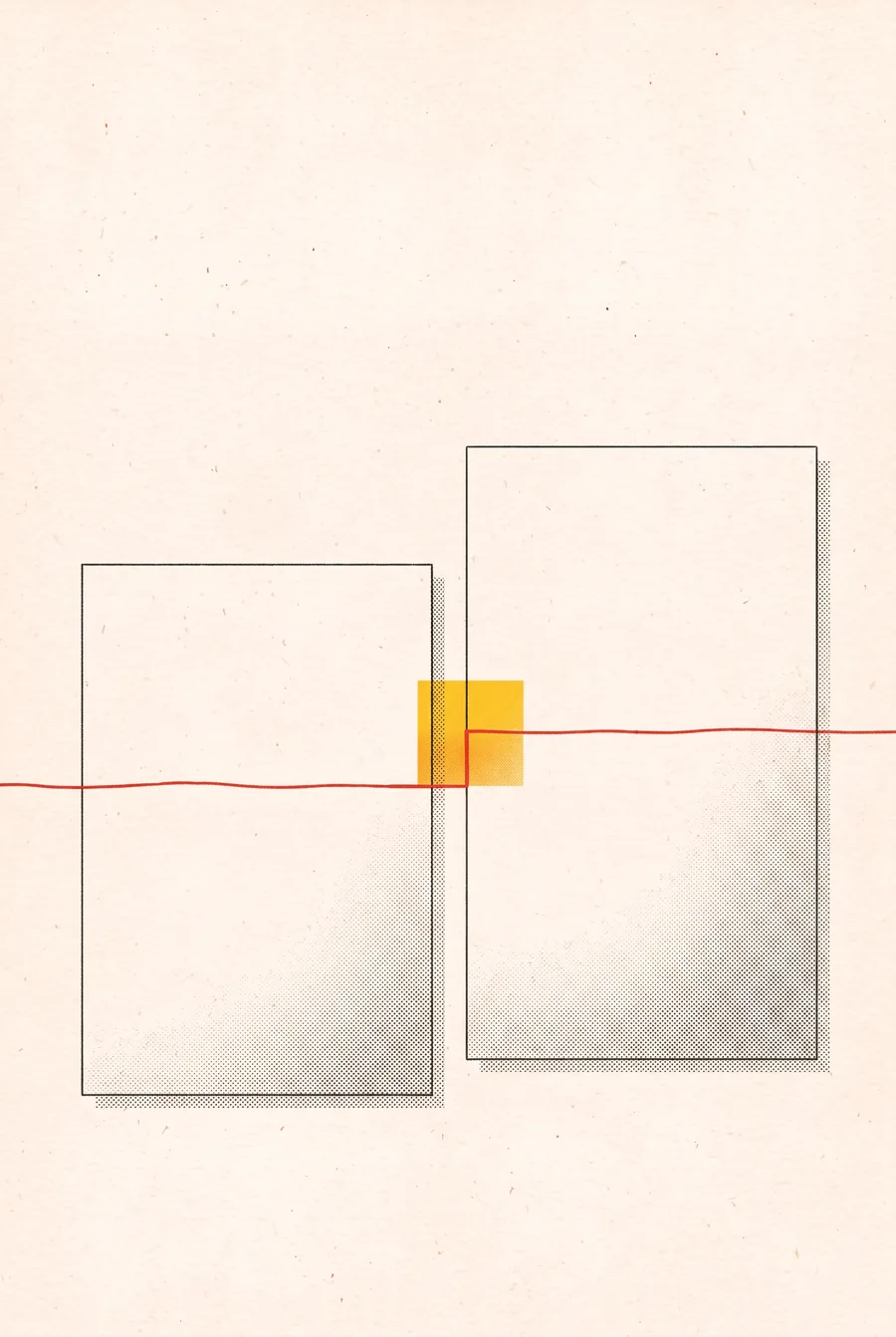 Full-page risograph illustration: two blank sheets side by side, a thin red line stepping up between them at a small golden square.