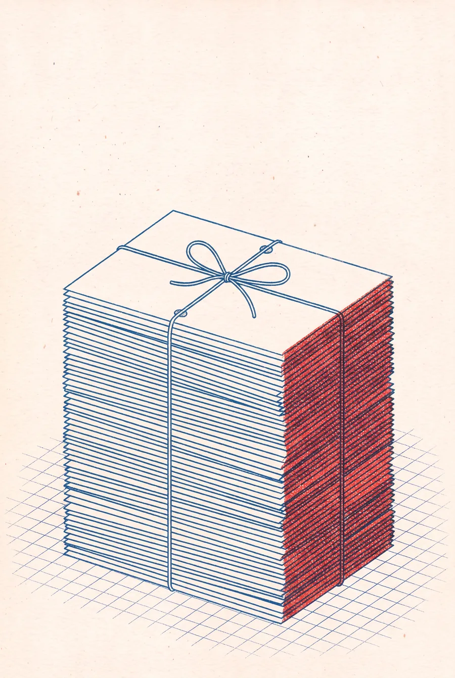 Full-page risograph illustration: a tall stack of blank sheets on a grid, tied with a blue thread in a bow.