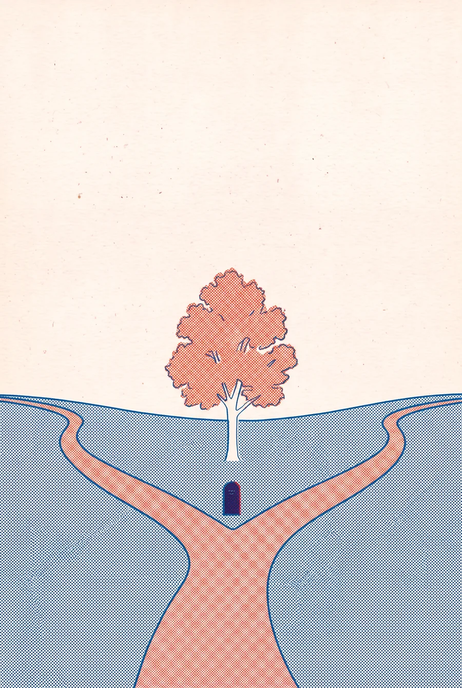 Full-page risograph illustration: a red path splitting in two around a red tree, a small marker at the fork.