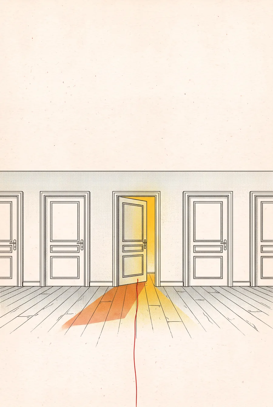 Full-page risograph illustration: a corridor of closed office doors, one door ajar with golden light falling across the floor and a red line leading to it.