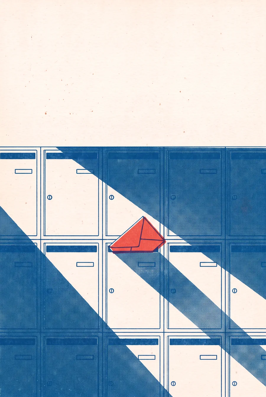 Full-page risograph illustration: a wall of blank letterboxes crossed by afternoon shadows, one holding a red envelope.