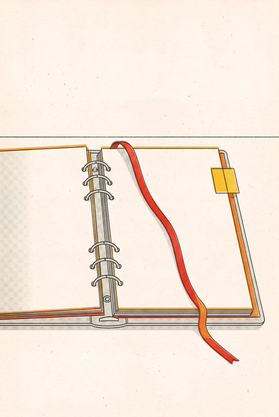 Full-page risograph illustration: an open ring binder with blank pages, a red ribbon bookmark and a small golden tab.