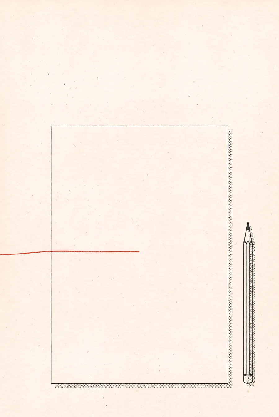 Full-page risograph illustration: a pencil beside a large blank sheet, a thin red line just starting across it.