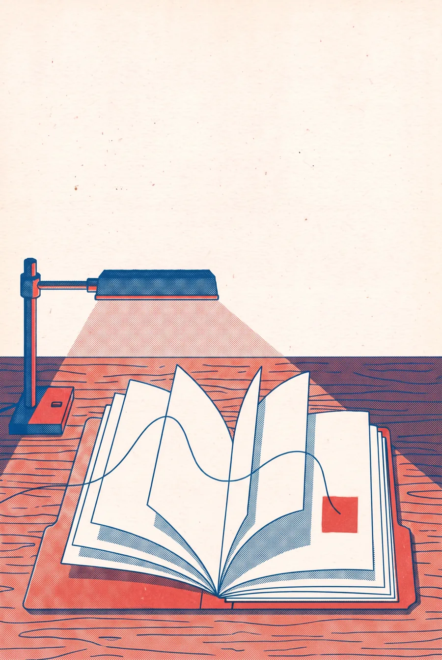 Full-page risograph illustration: an open folder under a desk lamp, a blue line across its pages to a small red square.