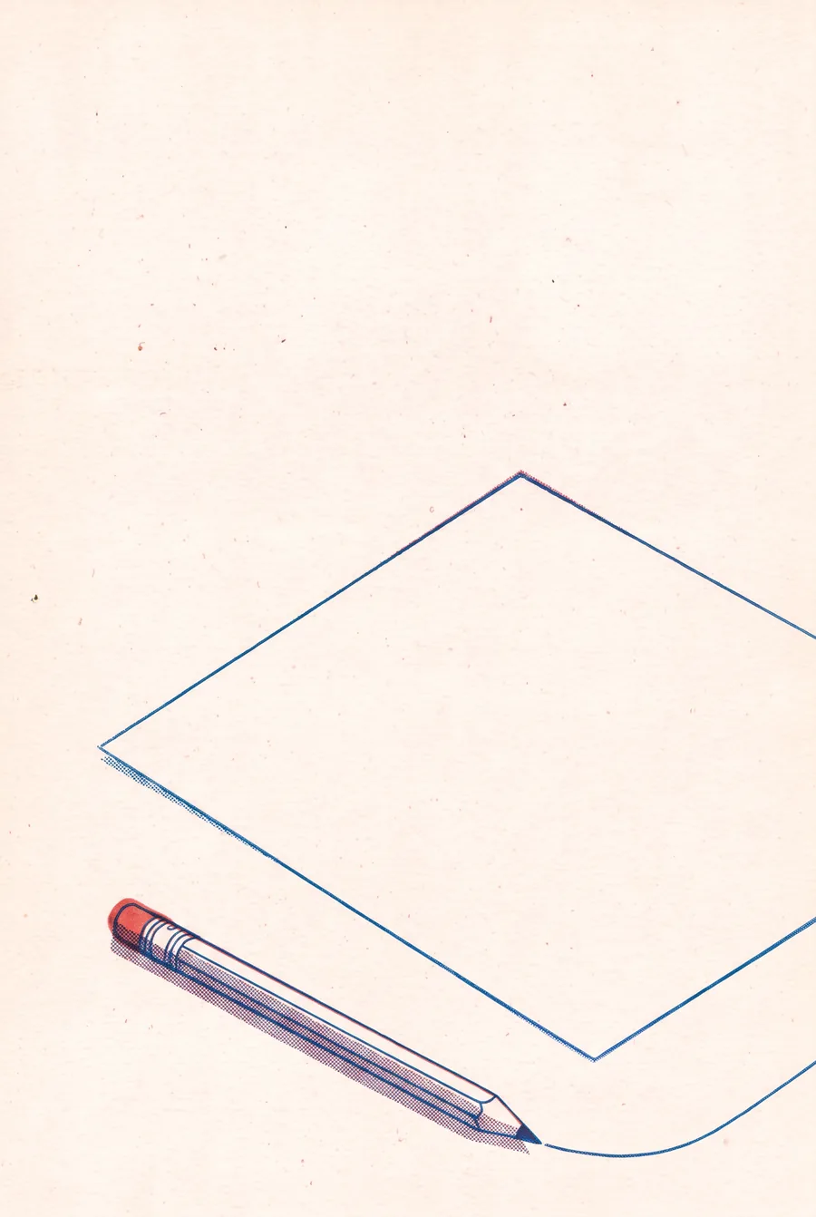 Full-page risograph illustration: a pencil beside a large blank sheet, a blue line just starting across it.