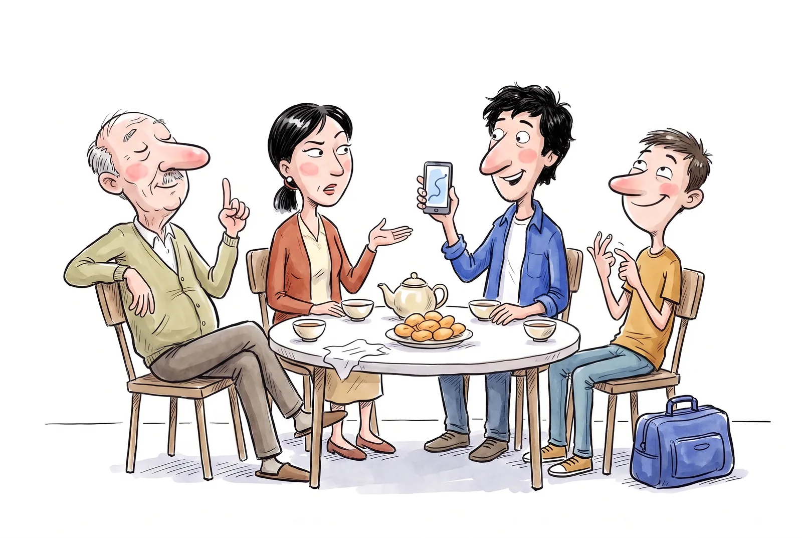 Four people around a dastarkhan discuss a trip: the uncle raises a finger confidently, Dana asks a question, Timur shows a route on his phone, the younger brother counts on his fingers. A travel bag waits by a chair.