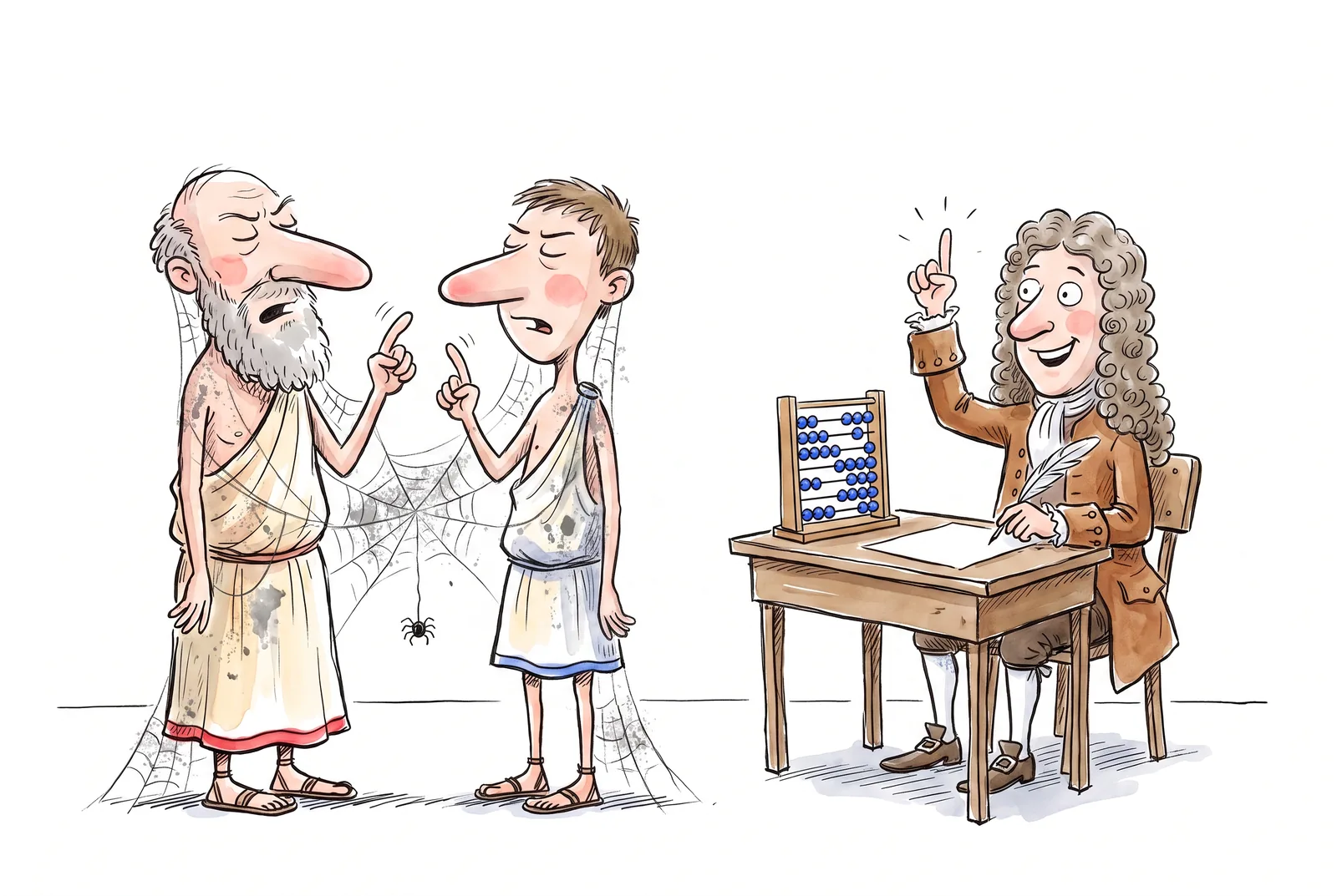 Protagoras and Euathlus argue, covered in cobwebs; at the table a young bewigged Leibniz joyfully raises a finger, beside him an abacus with blue beads.